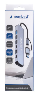 Хаб USB3.0/2.0 Gembird UHB-C445, Type-C, USB3.0, 4хUSB2.0, с доп.питанием (порт Type-C), кабель Type-C+USB 17см, алюминий