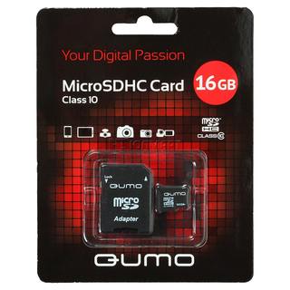 Флеш карта MicroSDHC 16GB Сlass 10 QUMO с адаптером SD, черно-красная картонная упаковка